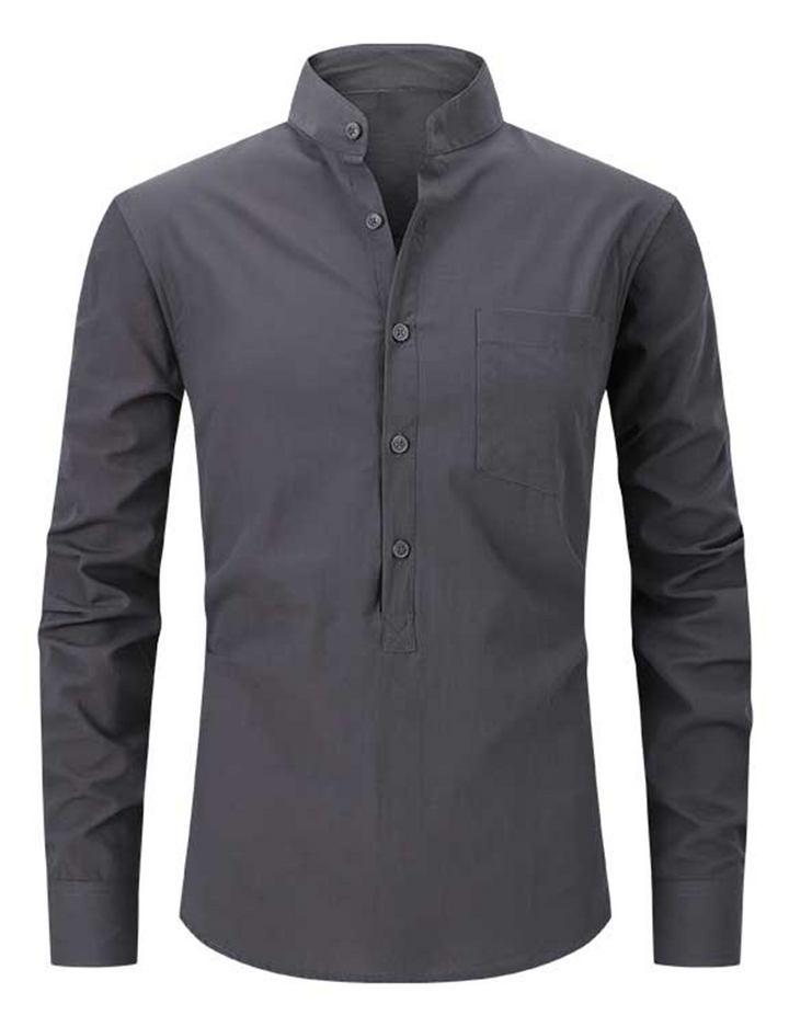 Chemise à manches longues et col Henley pour hommes, couleur unie, décontractée, en coton, avec poches