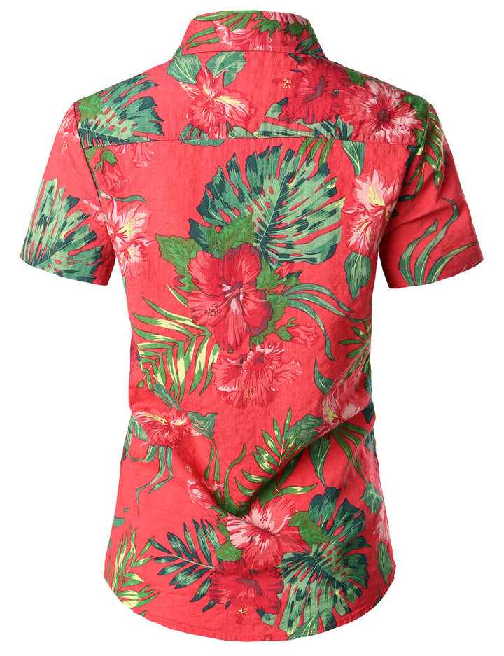 Chemisier respirant imprimé fleuri pour femme coton Aloha chemise hawaïenne rouge à manches courtes