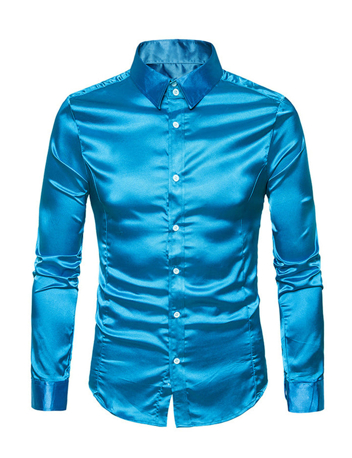 Chemise de soirée à manches longues en satin lisse boutonné pour homme