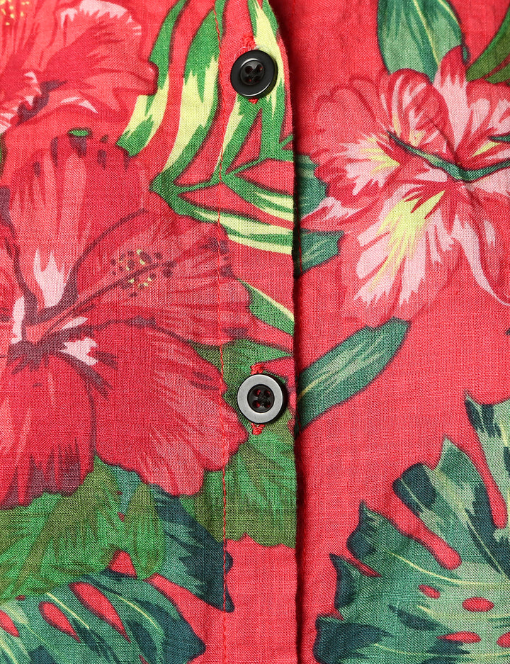 Chemisier respirant imprimé fleuri pour femme coton Aloha chemise hawaïenne rouge à manches courtes