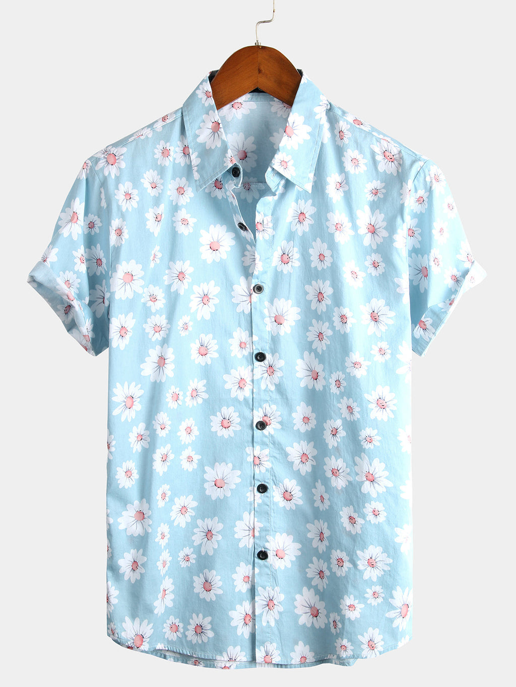 Chemise d'Été à Manches Courtes Hawaïenne pour Homme en Bleu avec Fleurs de Marguerite