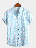 Chemise d'Été à Manches Courtes Hawaïenne pour Homme en Bleu avec Fleurs de Marguerite