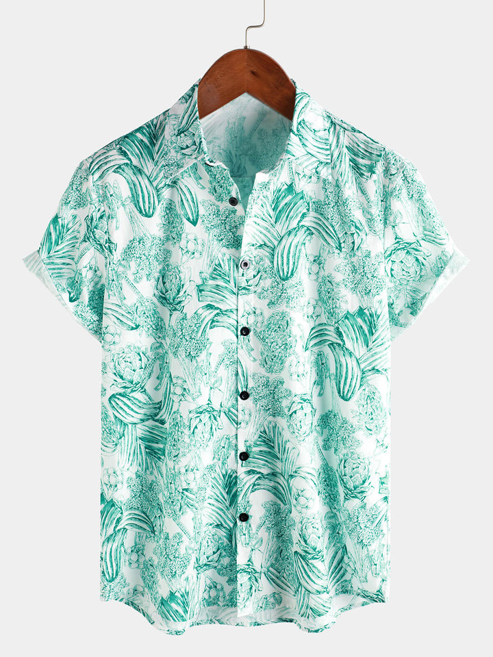 Chemises hawaïennes à manches courtes et boutons pour hommes, 100% coton, motif floral vert