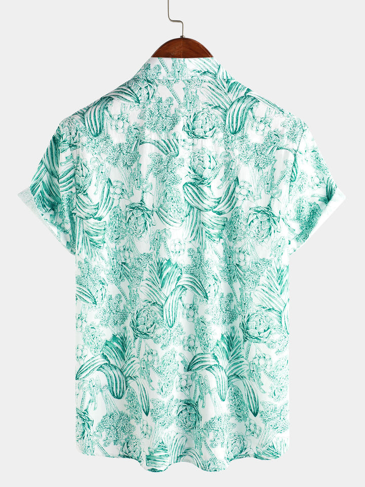 Chemises hawaïennes à manches courtes et boutons pour hommes, 100% coton, motif floral vert
