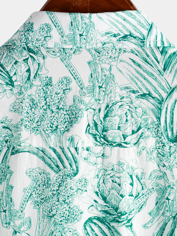 Chemises hawaïennes à manches courtes et boutons pour hommes, 100% coton, motif floral vert