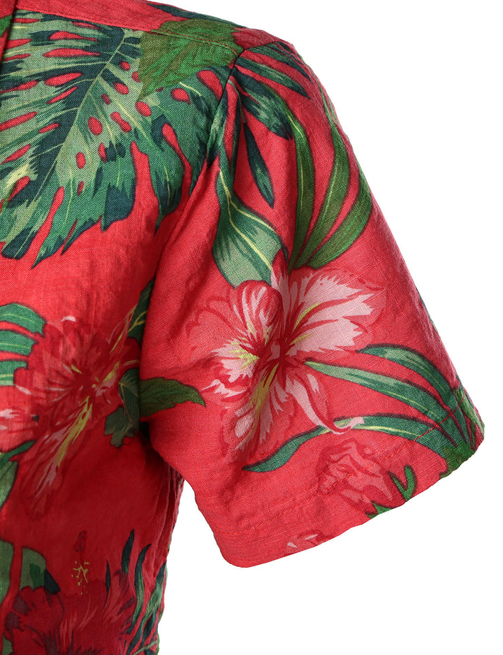 Chemisier respirant imprimé fleuri pour femme coton Aloha chemise hawaïenne rouge à manches courtes