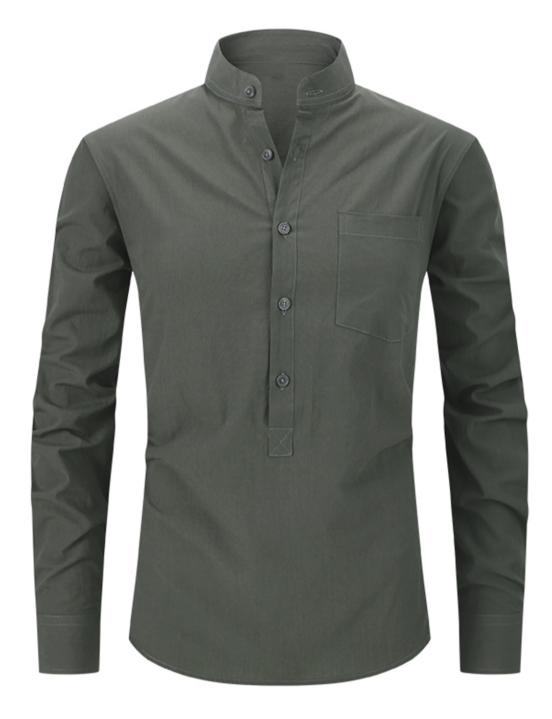 Chemise à manches longues et col Henley pour hommes, couleur unie, décontractée, en coton, avec poches
