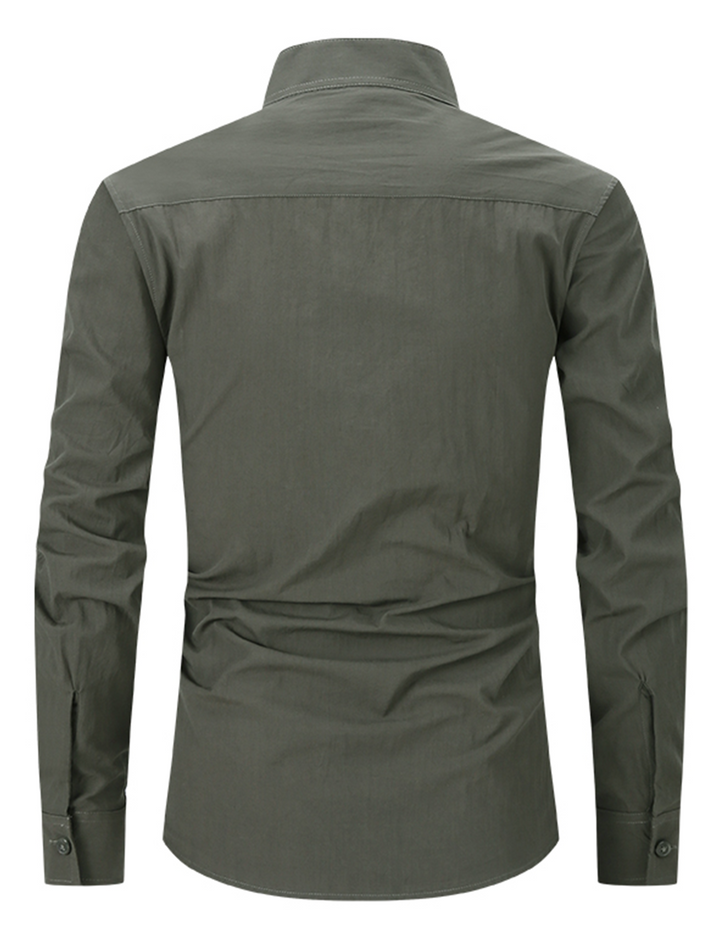 Chemise à manches longues et col Henley pour hommes, couleur unie, décontractée, en coton, avec poches