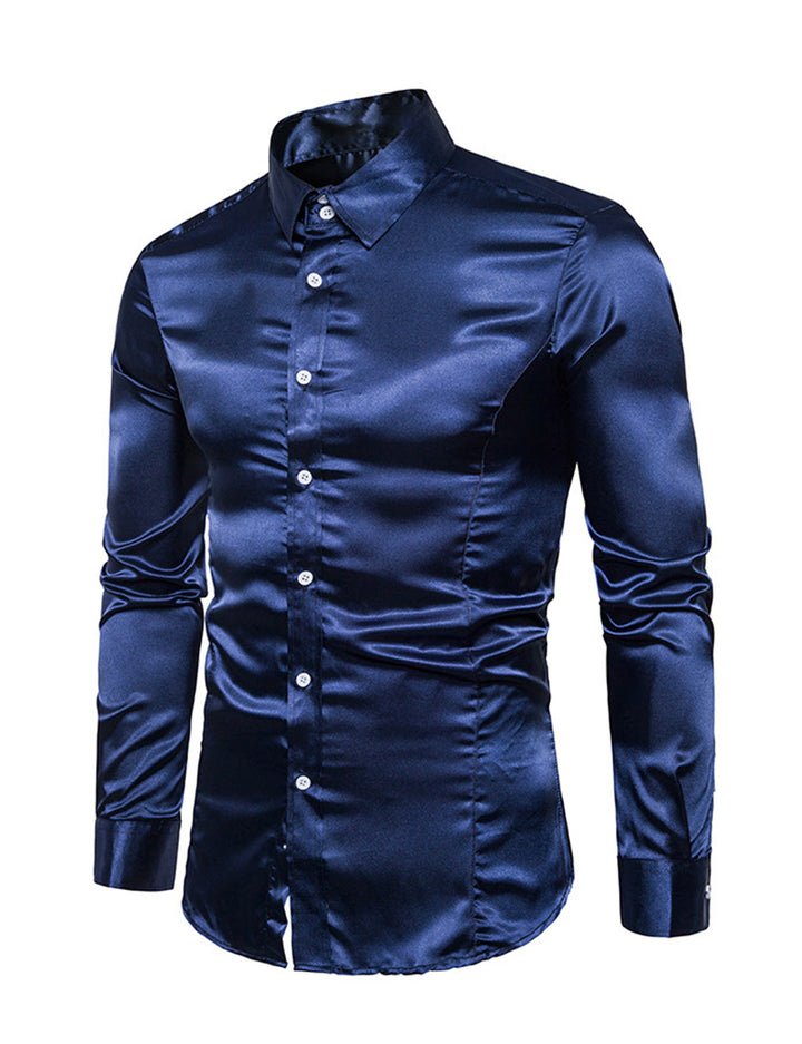 Chemise de soirée à manches longues en satin lisse boutonnée pour homme
