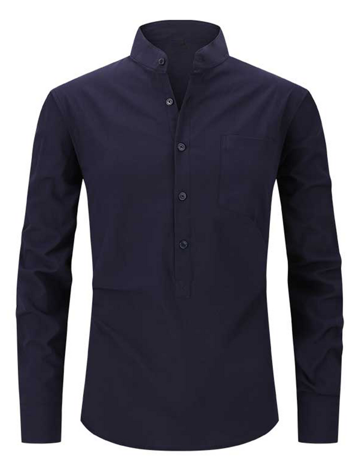 Chemise à manches longues et col Henley pour hommes, couleur unie, décontractée, en coton, avec poches