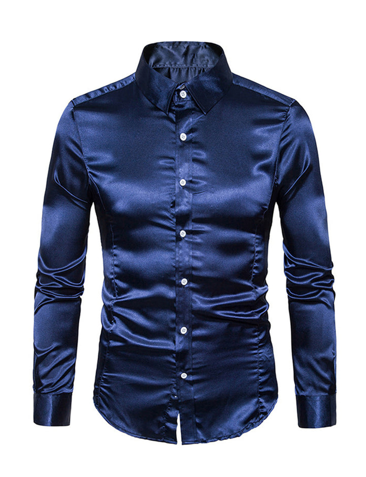 Chemise de soirée à manches longues en satin lisse boutonnée pour homme