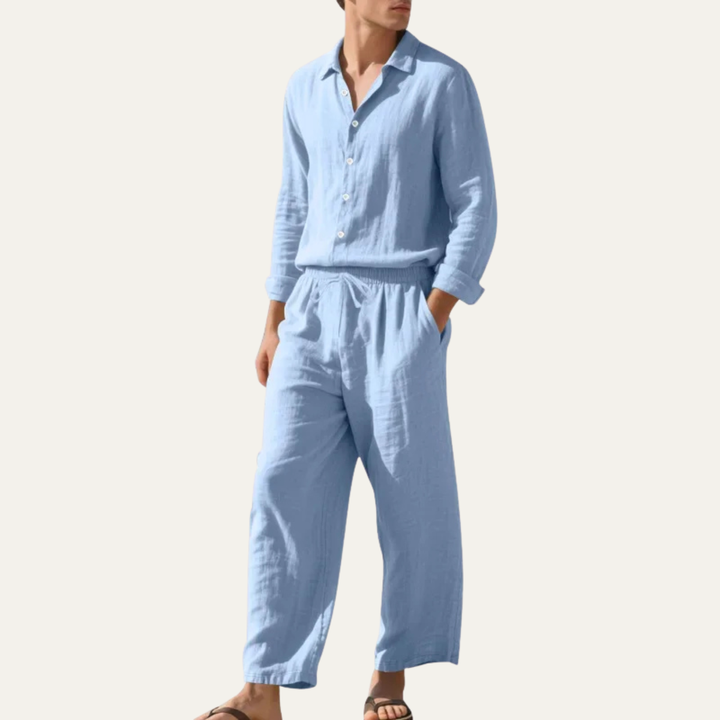 Le Set Chemise en Lin pour Homme et Pantalon à Jambes Larges Cumberland – Tenue Décontractée de Plage