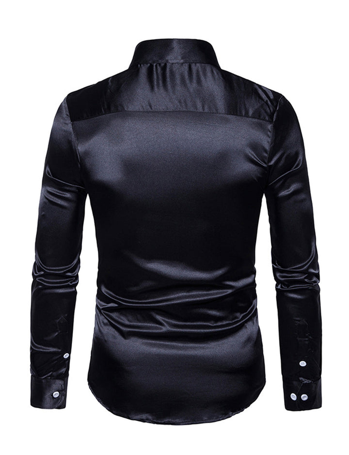 Chemise de soirée à manches longues en satin lisse boutonné pour homme