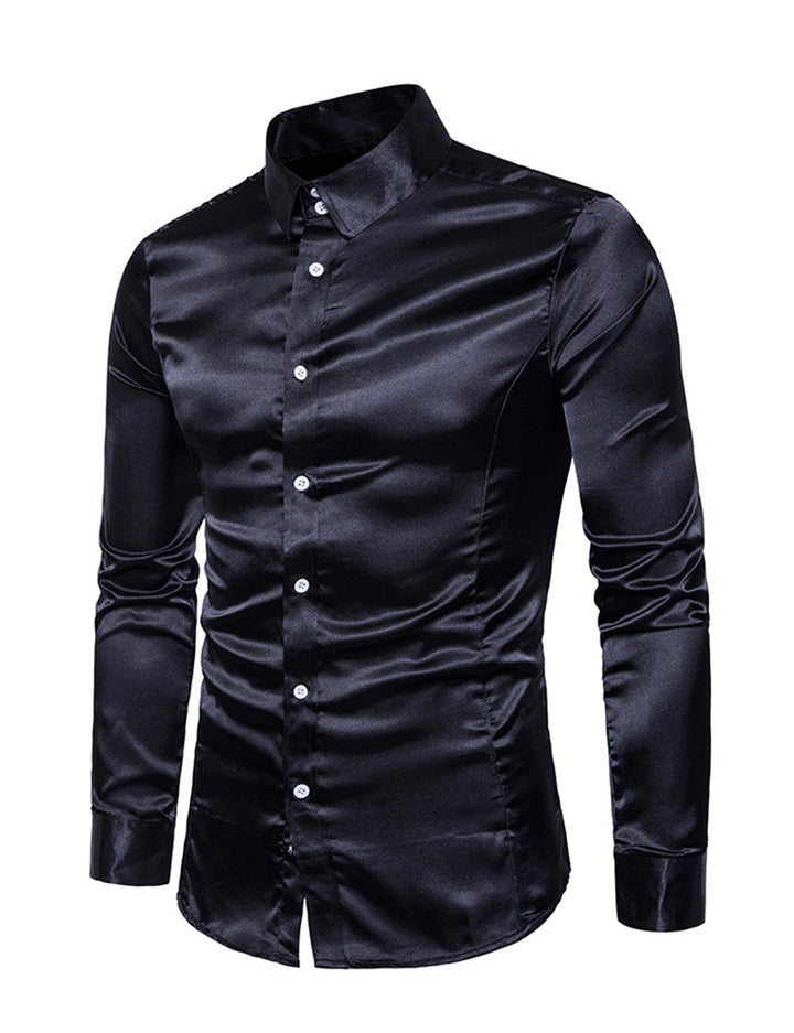 Chemise de soirée à manches longues en satin lisse boutonné pour homme