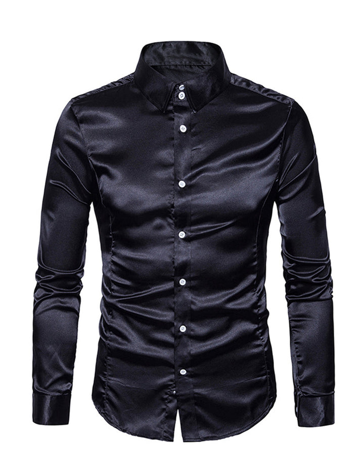 Chemise de soirée à manches longues en satin lisse boutonné pour homme