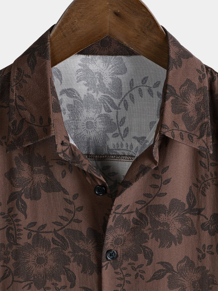 Chemise Homme Fleurie Marron Rétro Vacances Manches Courtes
