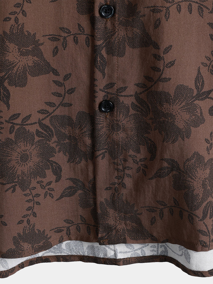 Chemise Homme Fleurie Marron Rétro Vacances Manches Courtes