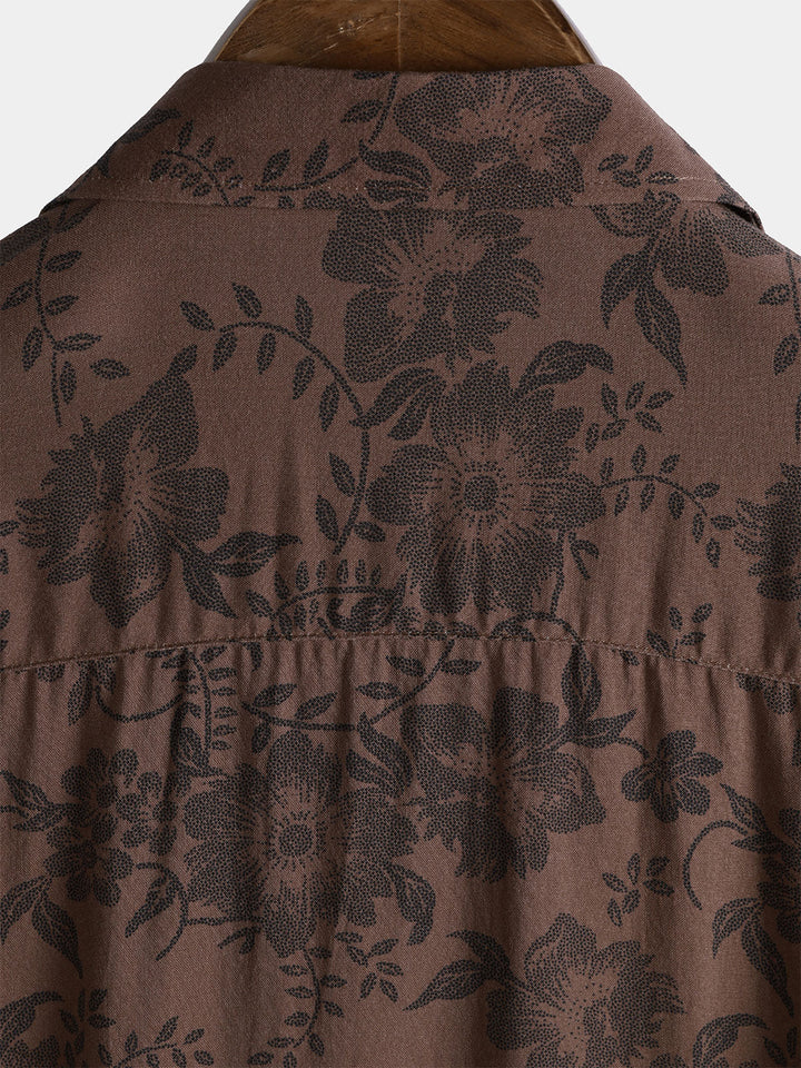 Chemise Homme Fleurie Marron Rétro Vacances Manches Courtes