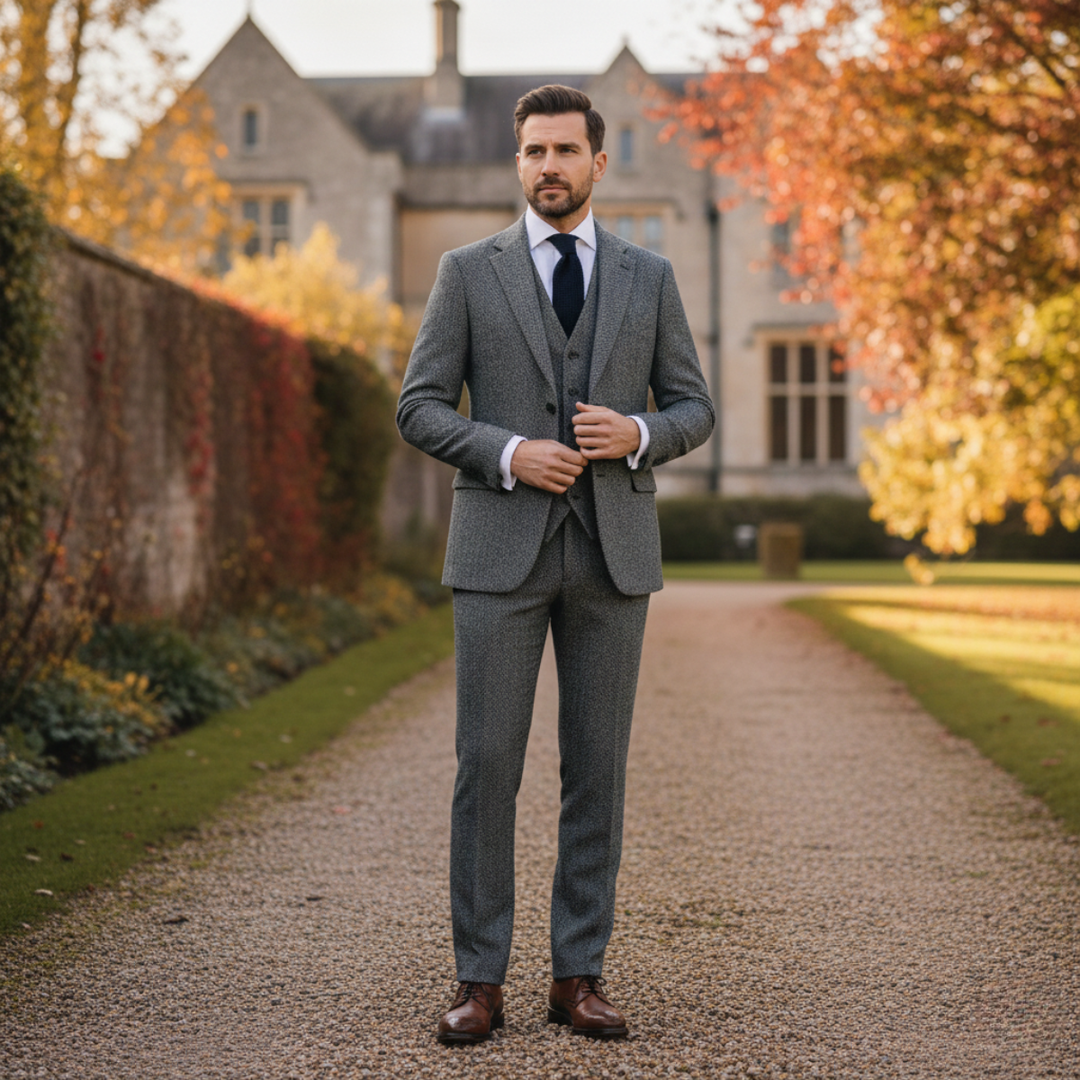 Le Costume 3 Pièces en Tweed pour Hommes Norwood – Veste Herringbone Ajustée, Gilet &amp; Pantalon