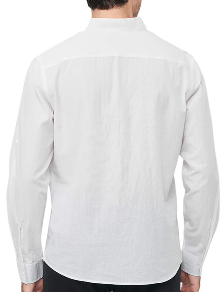 Chemise à manches longues décontractée en coton avec col Henley de couleur unie pour hommes