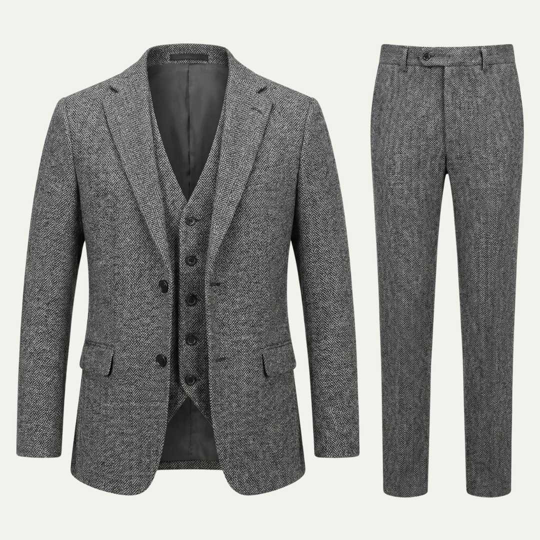 Le Costume 3 Pièces en Tweed pour Hommes Norwood – Veste Herringbone Ajustée, Gilet &amp; Pantalon