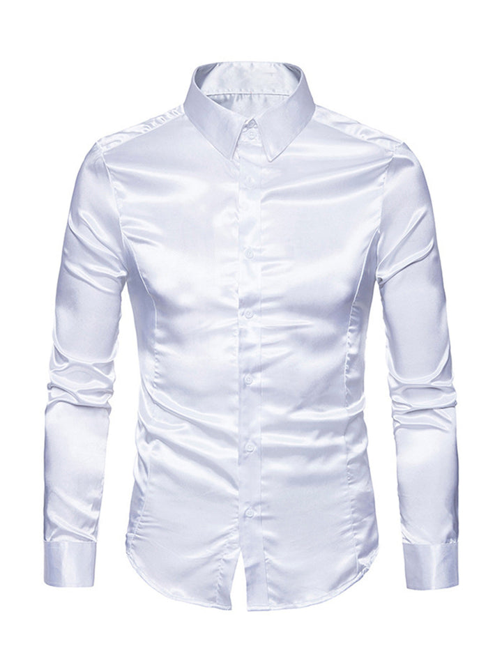 Chemise de soirée à manches longues en satin lisse boutonné pour homme
