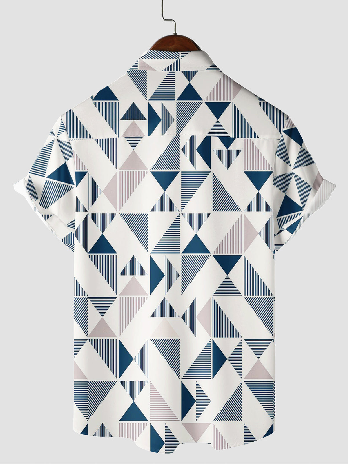 Chemise boutonnée de plage d'été à manches courtes avec imprimé géométrique triangle bleu et blanc pour hommes