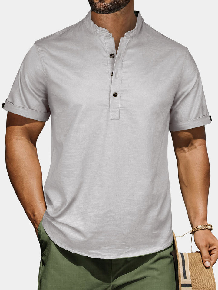 Chemise Homme Henley en Coton et Lin à Col Mao Manches Courtes