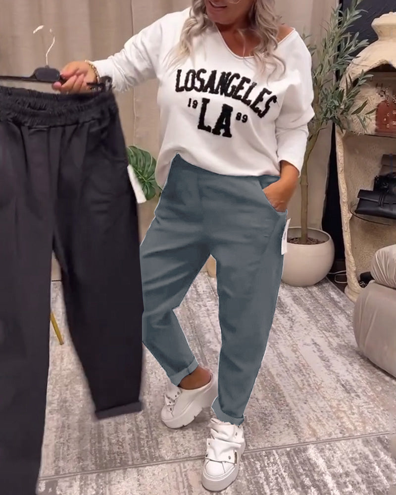 Pantalon décontracté de couleur unie avec poche