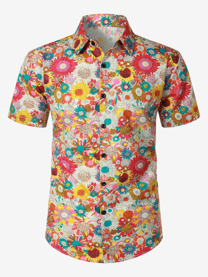 Chemise hawaïenne à manches courtes en coton à fleurs fraîches pour hommes
