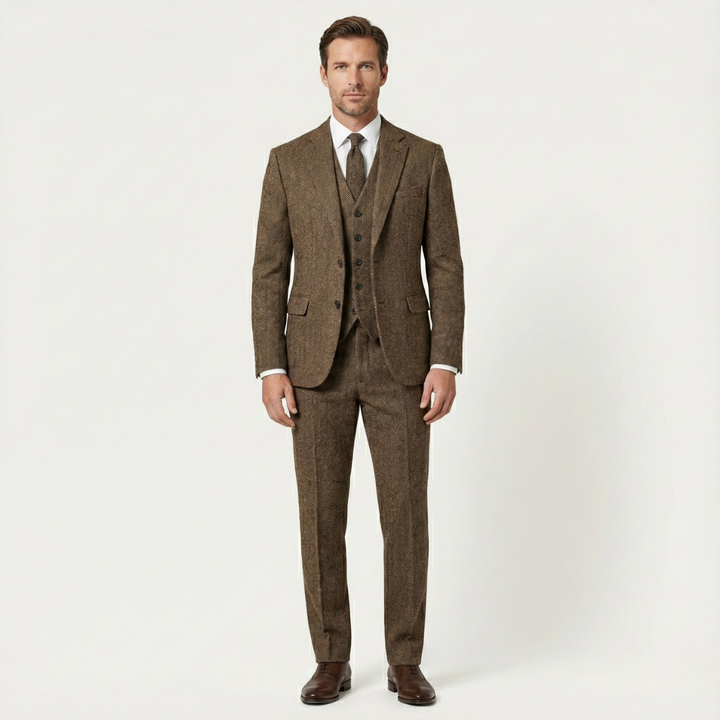Le Costume 3 Pièces en Tweed pour Hommes Norwood – Veste Herringbone Ajustée, Gilet &amp; Pantalon