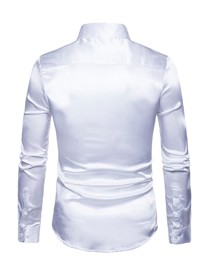 Chemise de soirée à manches longues en satin lisse boutonné pour homme