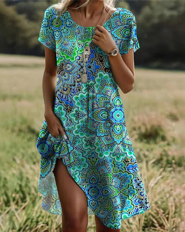 Robe À Col Rond Avec Impression Vintage