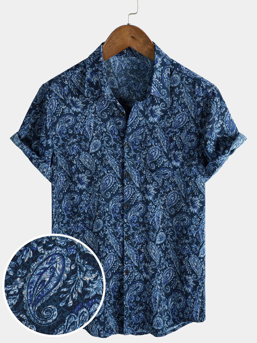 Chemise à manches courtes et poche à imprimé cachemire bleu pour homme