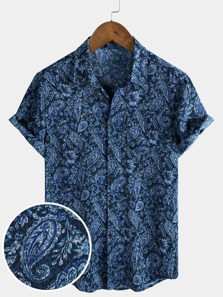 Chemise à manches courtes et poche à imprimé cachemire bleu pour homme