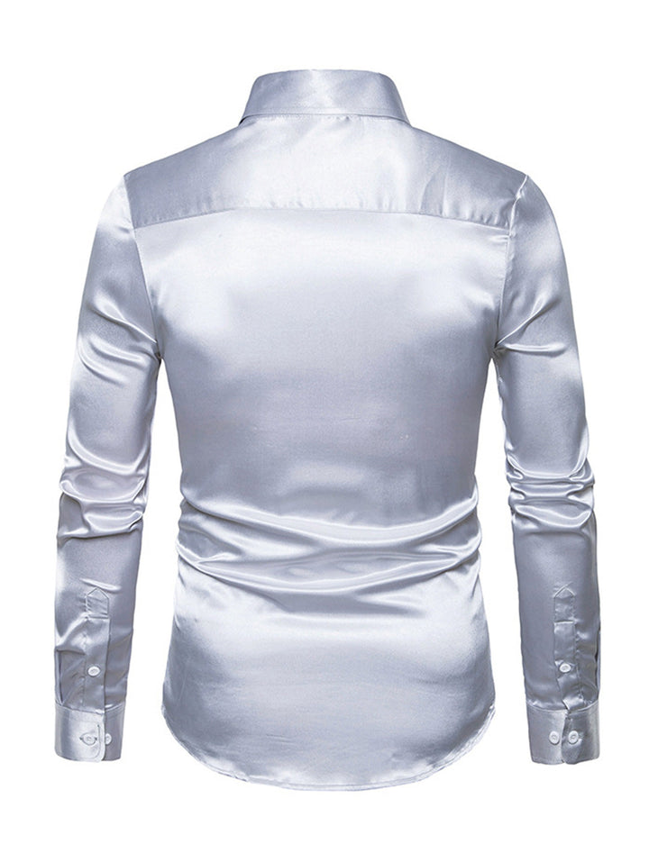 Chemise de soirée à manches longues en satin lisse boutonnée pour homme