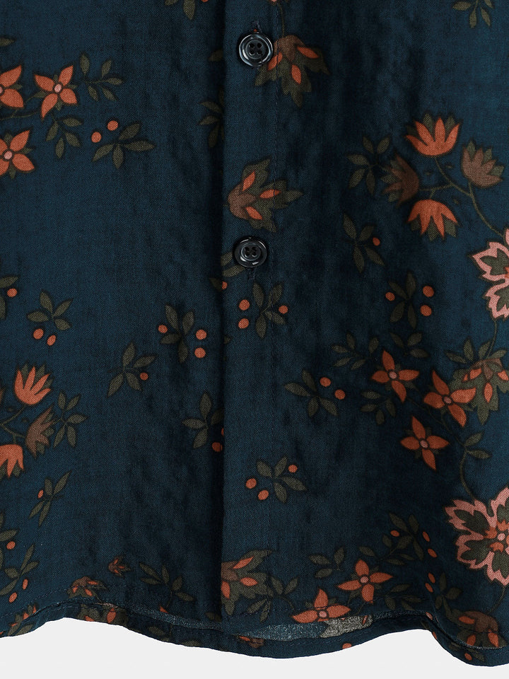 Chemise en coton à manches courtes boutonnée bleu marine à fleurs d&
