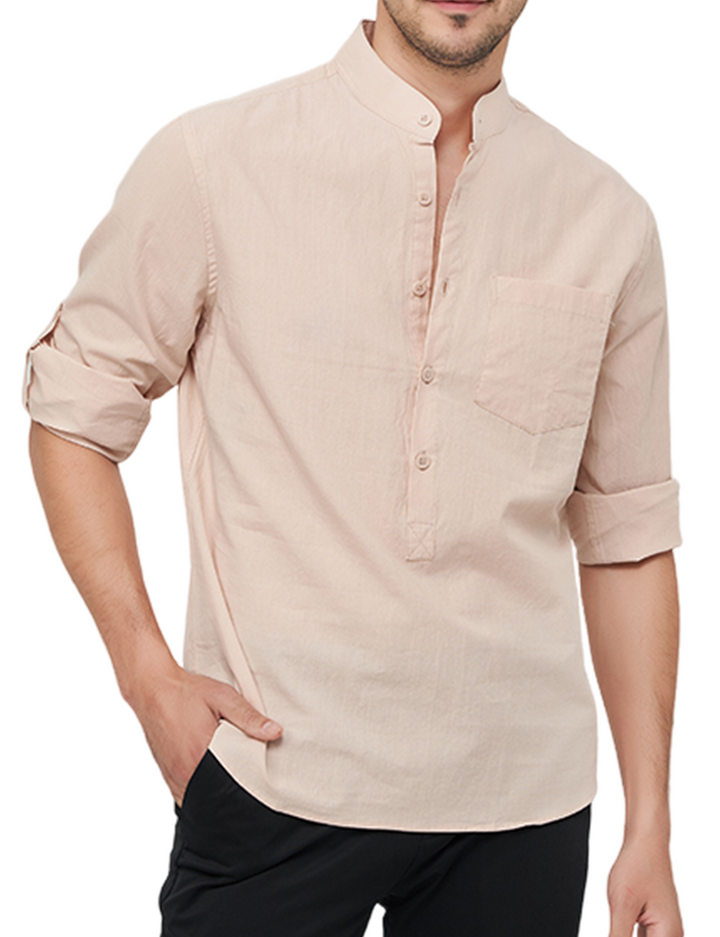 Chemise décontractée à manches longues et col Henley en coton pour hommes, couleur unie, avec poches