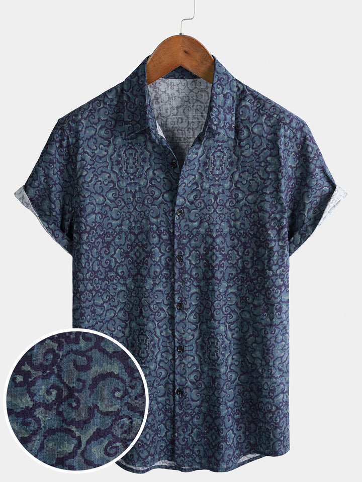 Chemise Homme Rétro Décontractée Motif Bleu à Manches Courtes