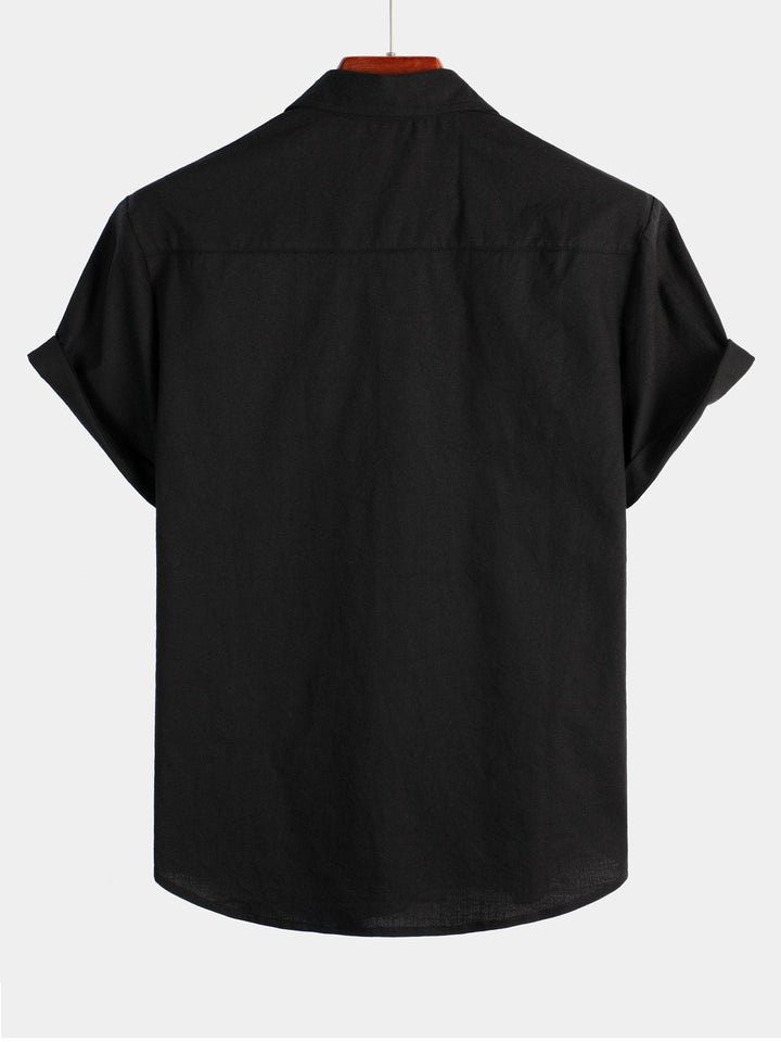 Chemise à manches courtes en coton et lin de couleur unie pour hommes