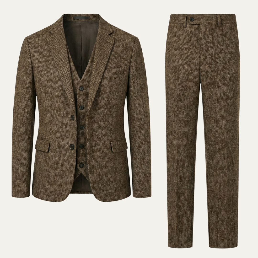 Le Costume 3 Pièces en Tweed pour Hommes Norwood – Veste Herringbone Ajustée, Gilet &amp; Pantalon