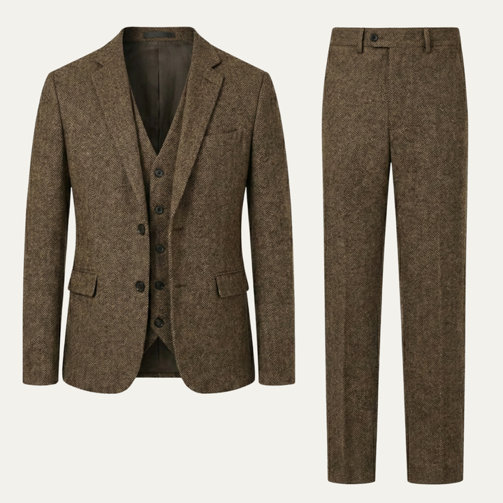 Le Costume 3 Pièces en Tweed pour Hommes Norwood – Veste Herringbone Ajustée, Gilet &amp; Pantalon
