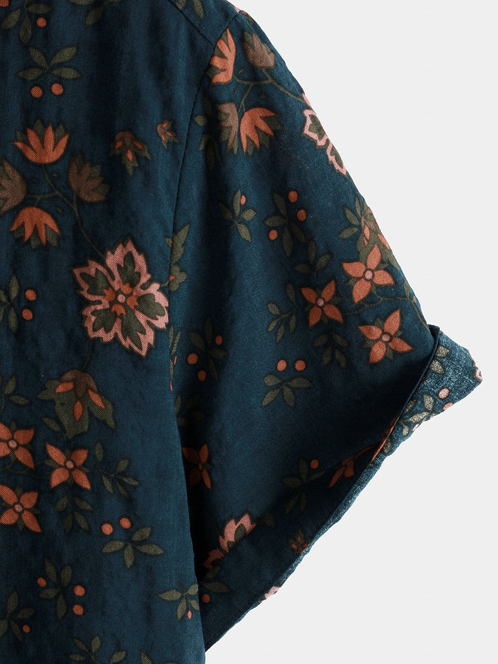 Chemise en coton à manches courtes boutonnée bleu marine à fleurs d&