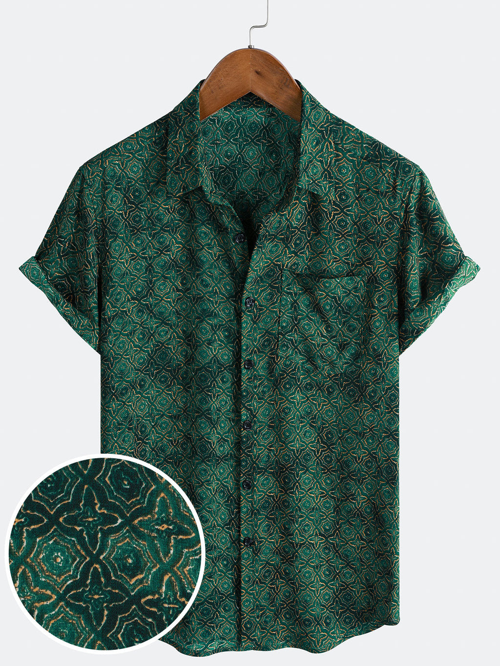 Chemise Homme Vintage Décontractée Imprimé Géométrique Vert à Manches Courtes