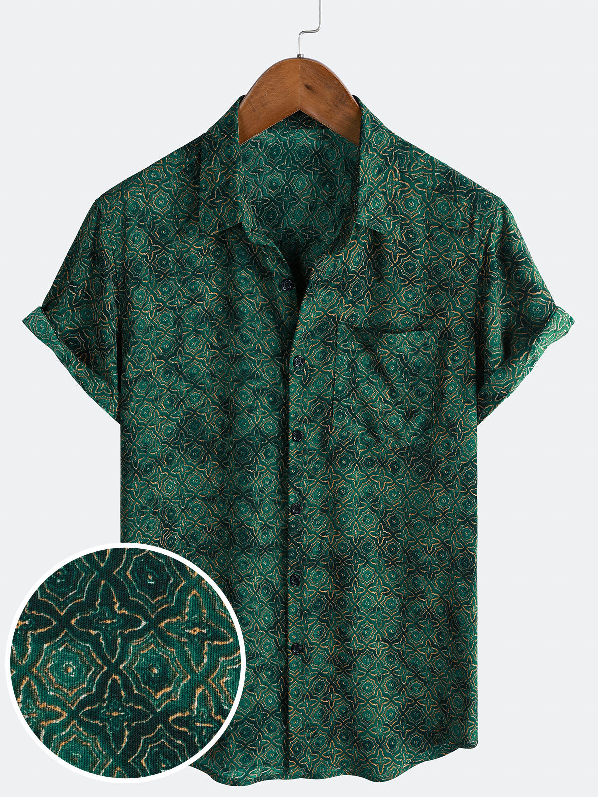 Chemise Homme Vintage Décontractée Imprimé Géométrique Vert à Manches Courtes