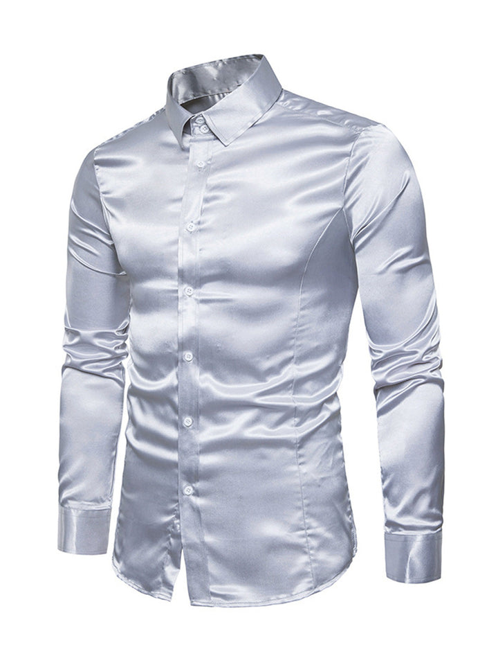 Chemise de soirée à manches longues en satin lisse boutonnée pour homme