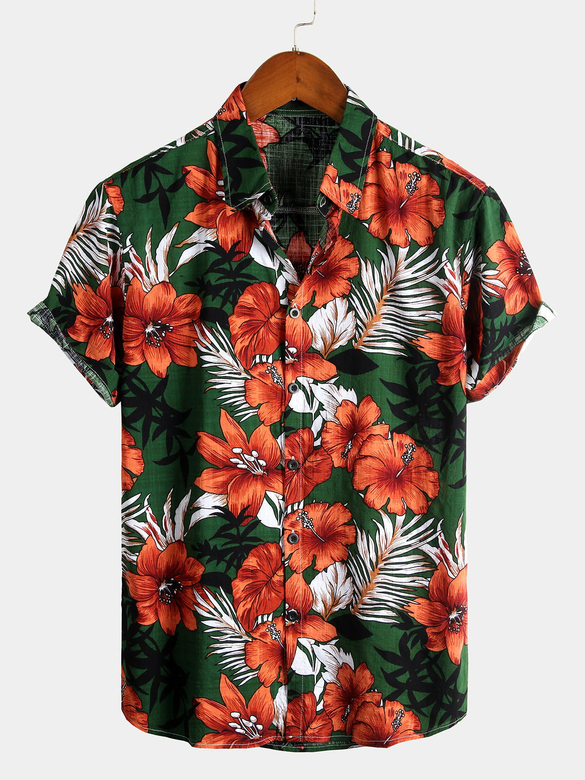 Chemise à Manches Courtes d'Hawaï avec Fleurs Vertes pour Homme