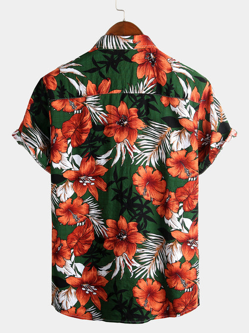 Chemise à Manches Courtes d'Hawaï avec Fleurs Vertes pour Homme