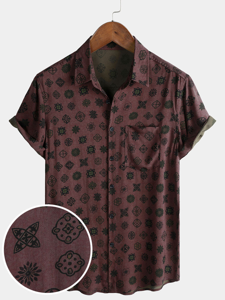 Chemise Homme Classique Rétro à Motif Géométrique Manches Courtes