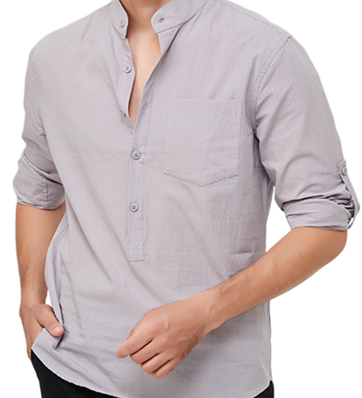 Chemise décontractée à manches longues et col Henley en coton pour hommes, couleur unie, avec poches